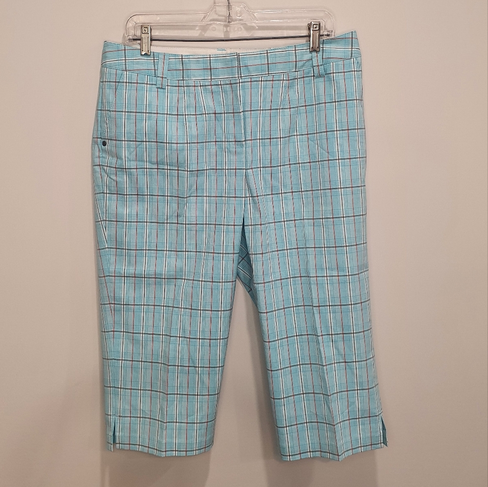 Cutter and Buck crop straight leg plaid technical pant, blue, size 12